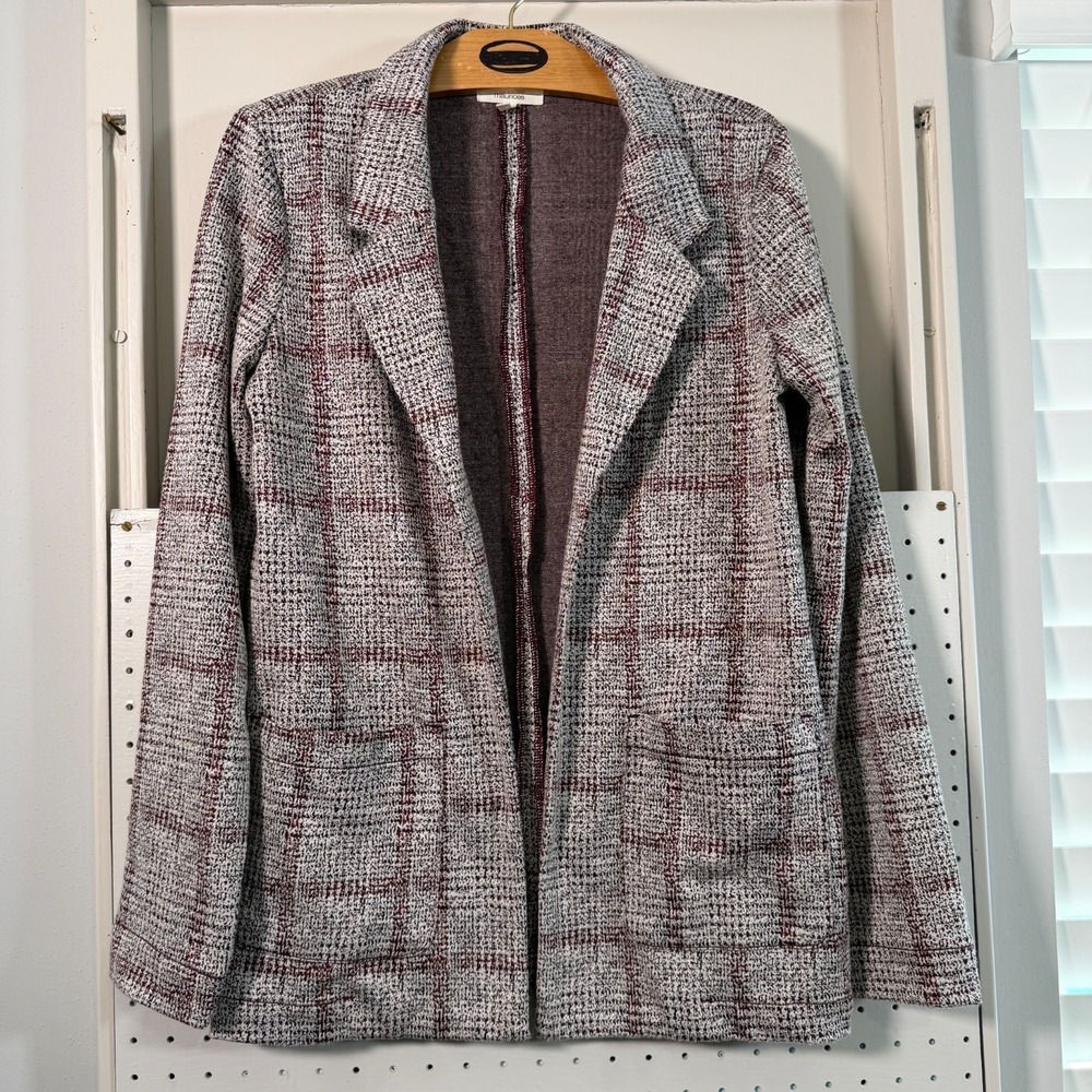 Maurices‎ Blazer Women's Gray Burgundy Textured Plaid Open-Front Jacket - Small